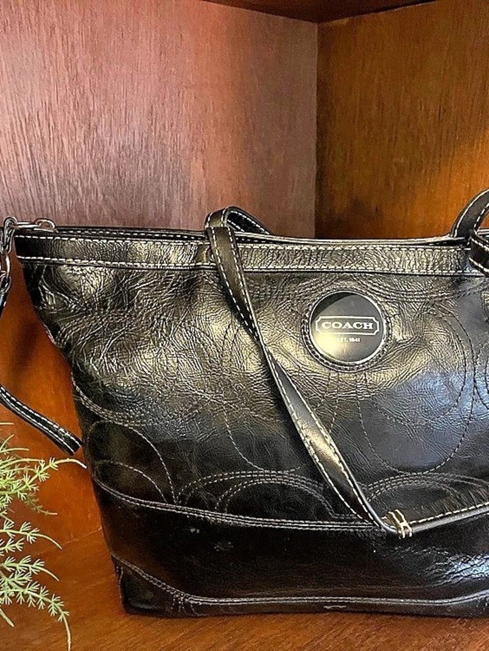 Coach Black Patent Leather Signature Scribble Tote